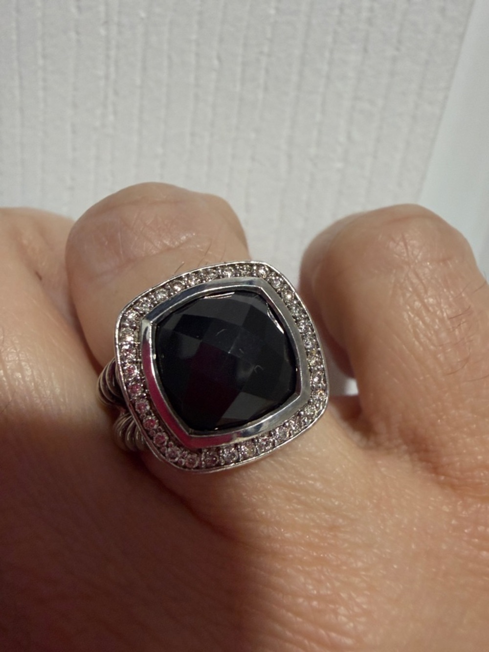 David Yurman Albion Silver Ring with Black Onyx and Pavé Halo SZ7